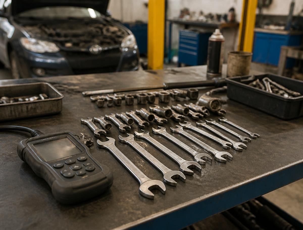 Ferramentas automotivas organizadas na bancada da oficina